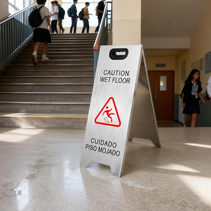 Kerty 4 Pack Stainless Steel Wet Floor Sign, 24 Inch Caution Wet Floor Sign Portable Foldable Bilingual Safety Warning for Hotel Market Restroom Restaurant Office (Silver)