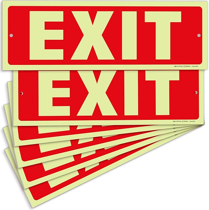 iSYFIX Exit Glow in the Dark Sign – 6 Pack 12x4 Inch – 40 mil Thick Polystyrene Plastic Sign, Laminated UV, Scratch & Fade Resistance, Waterproof, Indoor & Outdoor