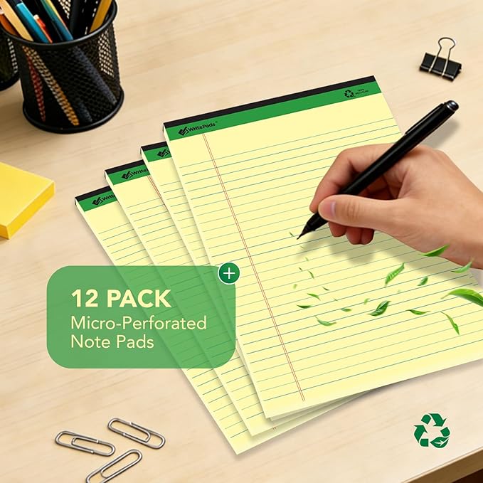 KAISA Yellow Legal Pads Writing Pads Recycled Paper 8.5"x14" Wide Ruled Lined Paper Perforated 50 sheets Hard Back Notepads Large Legal Pad Writing Tablet Canary For Office Supplies (Canary 12pads)