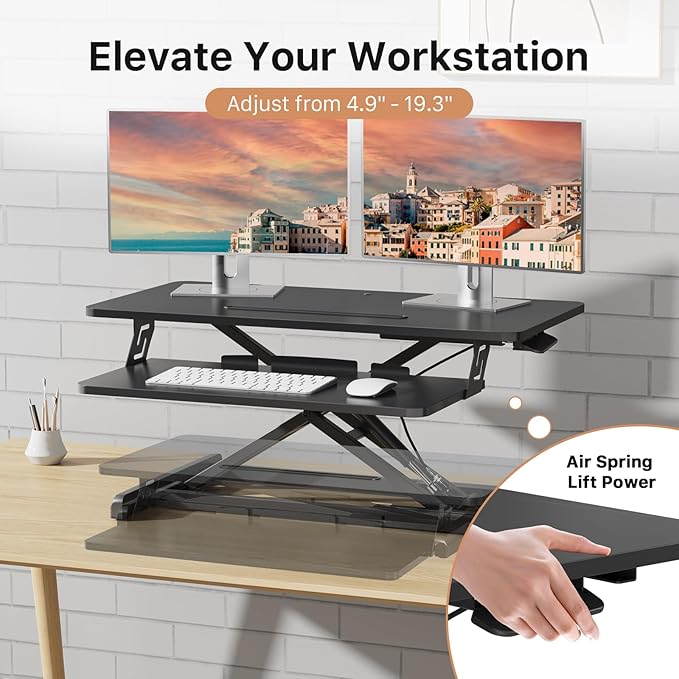 JOY worker Standing Desk Converter, 32" Wide Height Adjustable Sit Stand Up Desk Riser with Keyboard Tray, Desktop Workstation Riser for Home Office Computer Laptop, Particle Board, Black