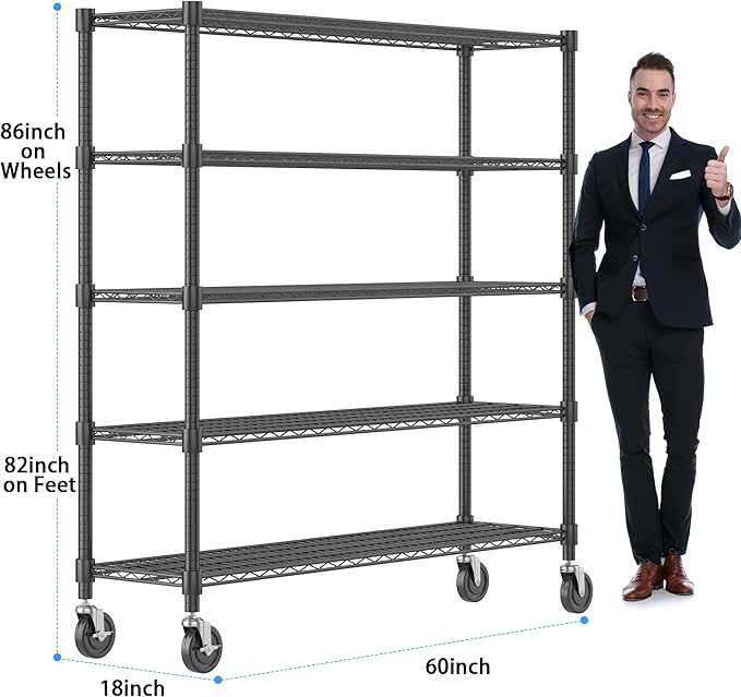 Homdox 5 Tier Heavy Duty Metal Wire Shelving with Wheels, 3000 lbs Capacity Garage Storage Rack, Rolling Industrial Storage, Adjustable Commercial Shelves for Kitchen, Warehouse, 18"x60"x82", Black