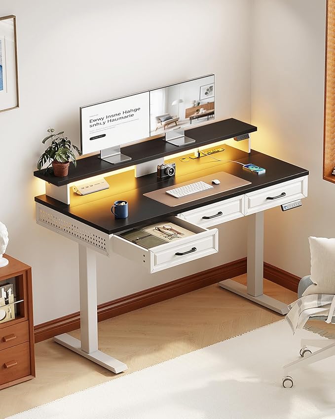 OffiGo Electric Standing Desk with 3 Wooden Drawers, 48 Inch Height Adjustable Desk with Power Outlets & LED Lights, Black and White Sit Stand Table with Monitor Stand for Home, Office, Workstation
