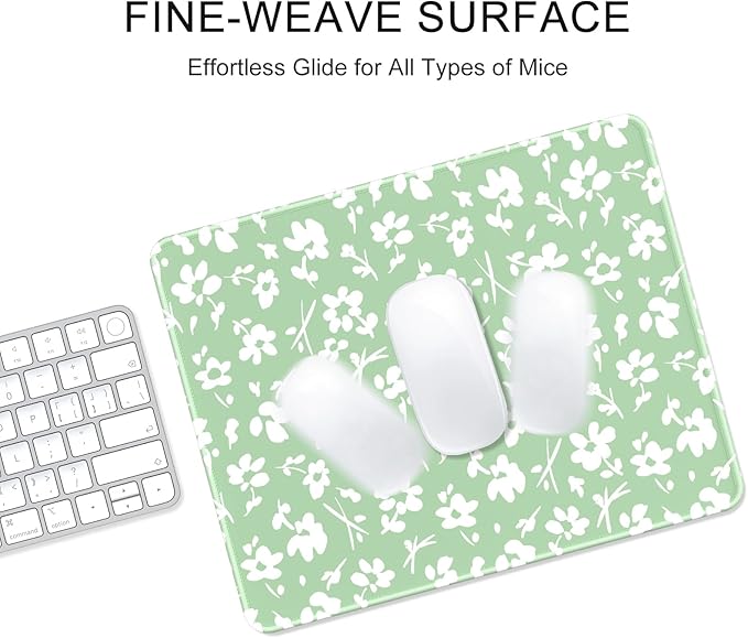 Auhoahsil Mouse Pad, 12 x 10 in Simple Flower Theme Computer Mouse Pad for Desk, Premium-Textured Non-Slip Rubber Stitched Edges Waterproof Square Mouse Mat for Gaming Work Wireless Mice, Green