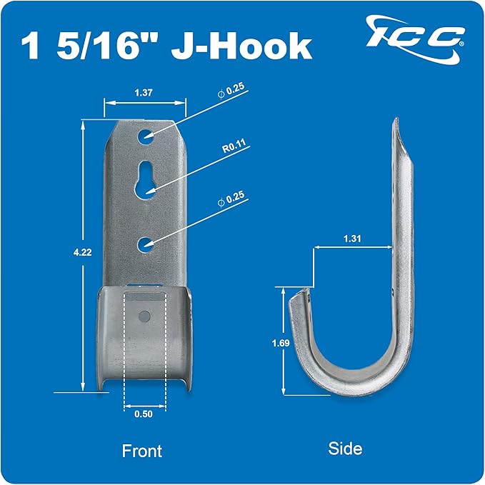 ICC 1-5/16"-Inch Wall Mount J-Hook – 25-Pack, Cable Support Hooks Without Retainer Clips, Galvanized Steel with Zinc Finish – for Structured Cabling and Cable Management