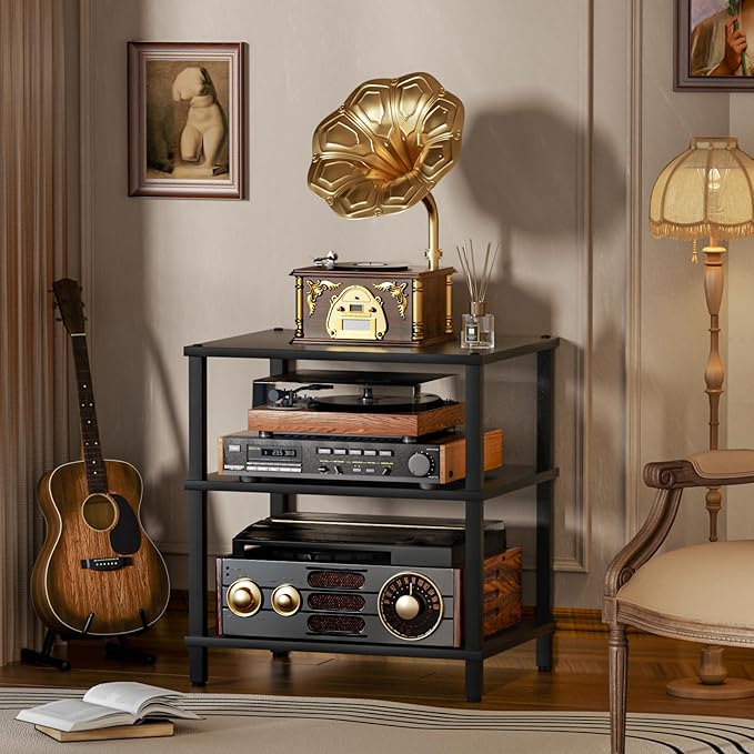 3-Tier AV Media Player Stand, Stereo Cabinet, Modern Stereo Cabine,Game Console Shelf,Wooden TV Stand,Multifunctional Entertainment Center, Suitable for Home, Conference Room, Game Studio,Black