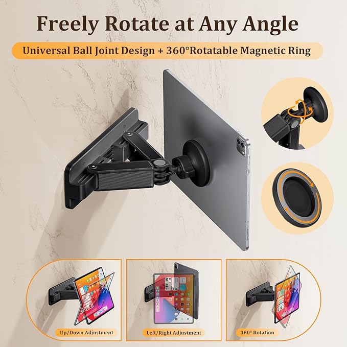 nediea Magnetic Wall Mount for iPad,360°Rotation Tablet Wall Mount Holder,Adjustable & Foldable Tablet Stand for Kitchen Bathroom,Compatible with iPhone,iPad,Samsung,Galaxy Tab,Kindle