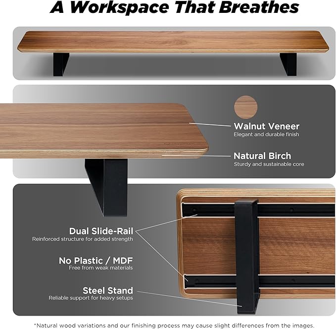 ULTRARM Moodular Wooden Monitor Stand 45.6” (116cm) Large Desk Organizer with Metal Slide Rails for Drawer, Tray, Laptop, Tablet, Phone & Headphones Customizable Riser for Organized Workspace Walnut