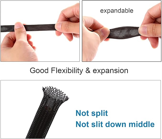 100ft - 1/4 inch PET Expandable Braided Sleeving – Black – Alex Tech Braided Cable Sleeve