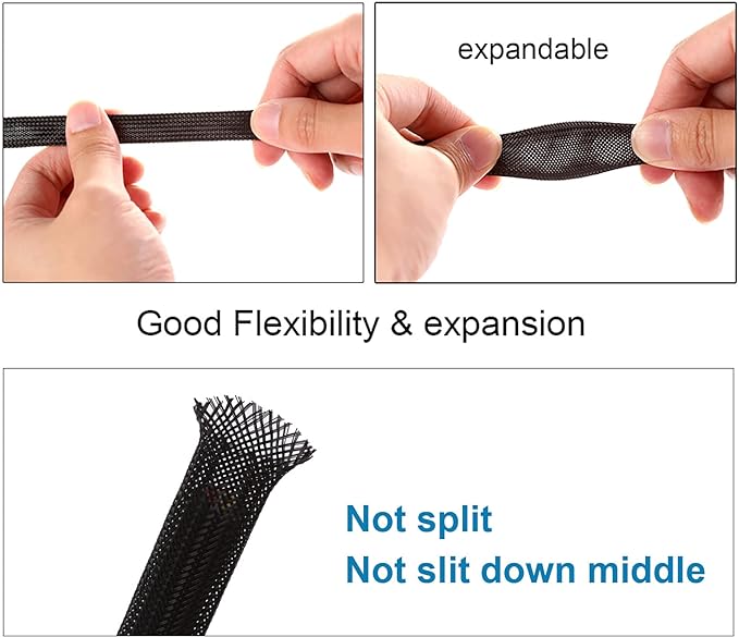 25ft - 3/8 inch PET Expandable Braided Sleeving – Black – Alex Tech Braided Cable Sleeve