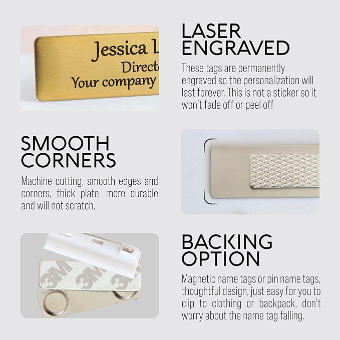Custom Engraved ID Name Tag Badges Identification Personalized with Text & Logos, Metal Name for Clothing with Pin or Magnetic Backing Plates for Business and Employees (Text with Logo)