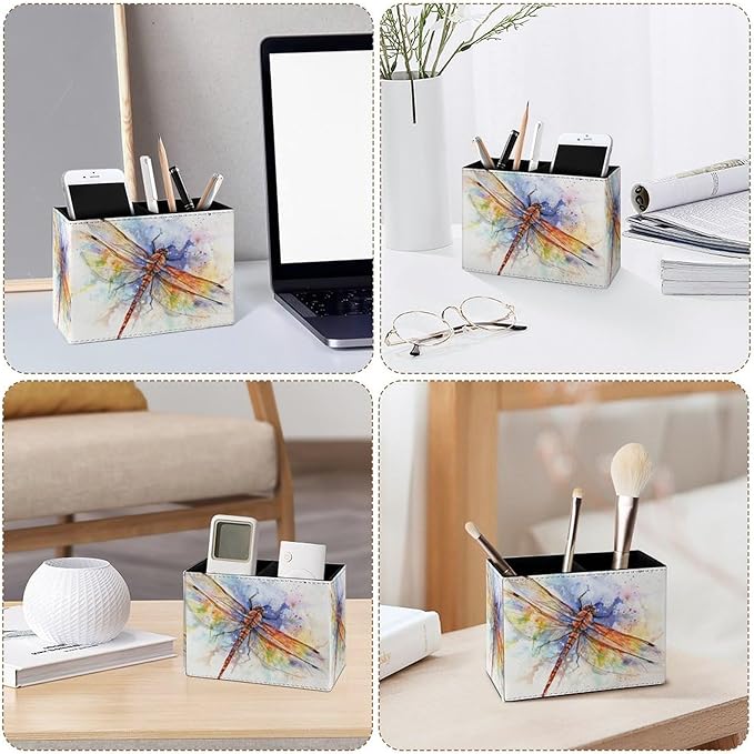 Famame Vintage Splash Dragonfly Pencil Holder for Desk, Leather Desktop Container Pen Cup Storage Study Table Pen Organizer Makeup Brushes Holder for Office Home
