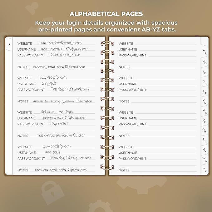 Clever Fox Password Book Spiral – Internet Address & Password Organizer with Laminated Alphabetical Tabs – Password Keeper Journal – Hardcover, Medium Size, 6.1x7.7” (Brown)