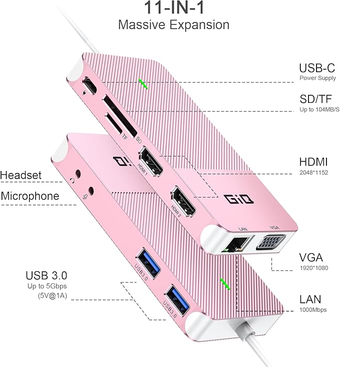 USB Docking Station GIQ USB C HUB USB 3.0 to Dual HDMI VGA Adapter Triple Display USB C Laptop Docking Station Dual Monitor HDMI Splitter Extender Compatible with MacBook M1 M2 USB Dock-Rose Gold