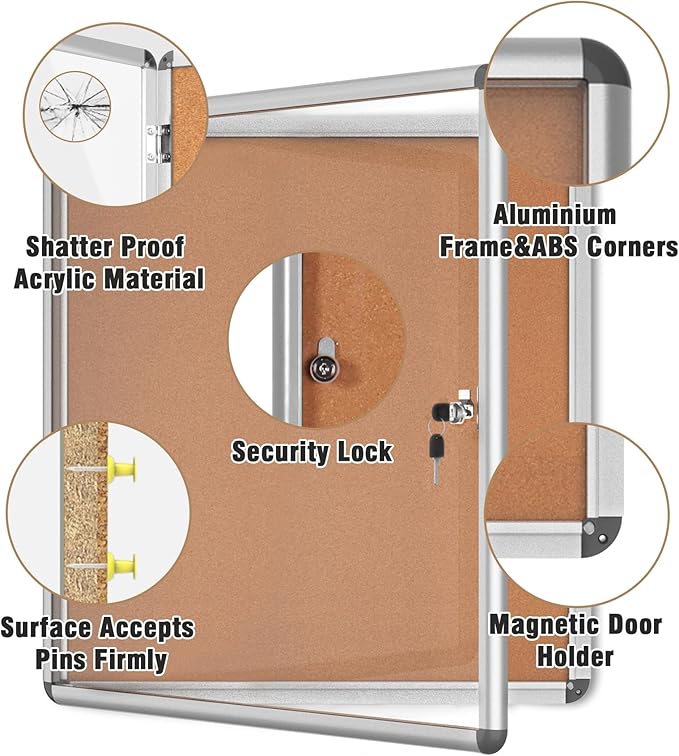 Mifuro 28"x26" Enclosed Bulletin Board, Lockable Weather-Resistant Aluminum Cork Noticeboard for School & Office, Silver Frame w/Cork