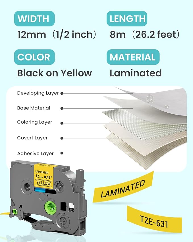 2-Pack Label Maker Tape 12mm 0.47" Yellow Replacement for Brother P Touch Label Tape TZe-631 TZ-631, Compatible with Brother Ptouch PT-D210 PT-H110 PT-D220 PT-D400,Black on Yellow