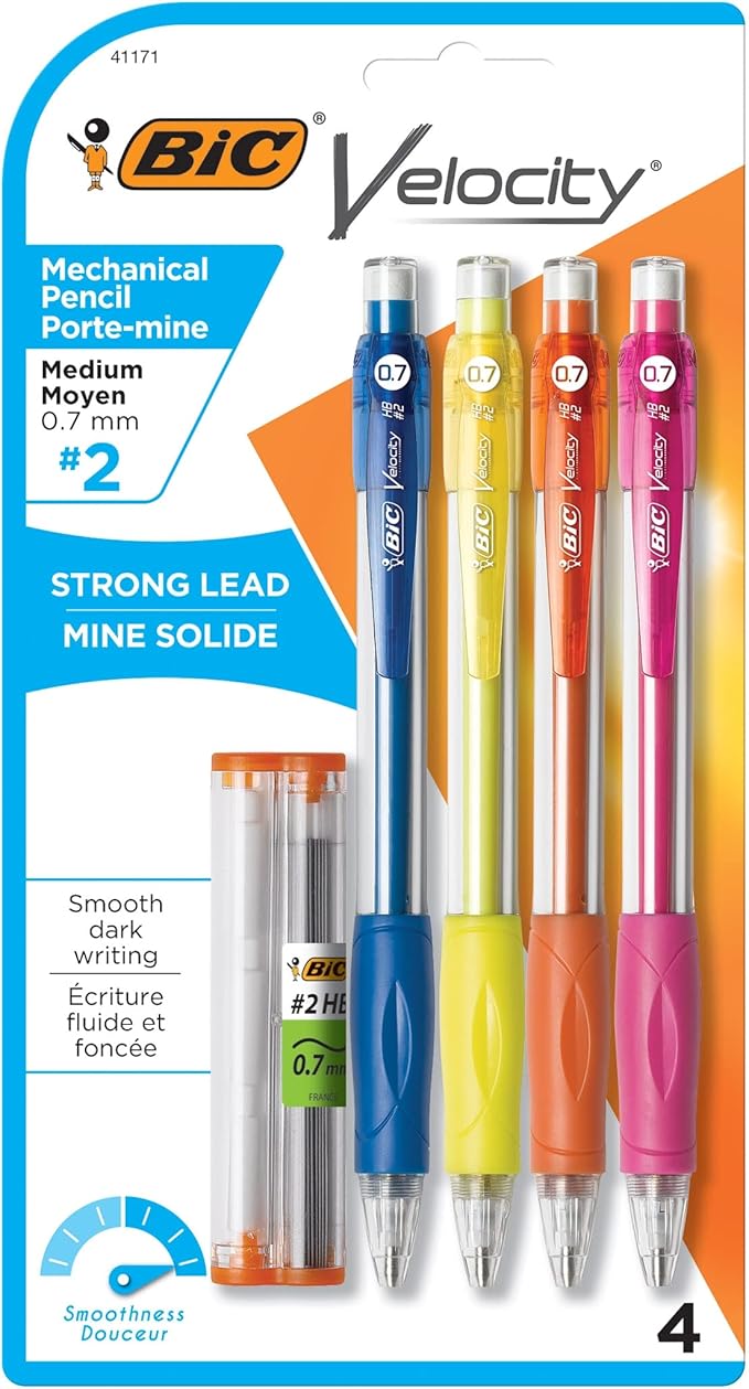 BIC Velocity Mechanical Pencils, With Colorful Barrel, Medium Point (0.7mm), 4-Count Pack Mechanical Pencils With Eraser and Lead Refills