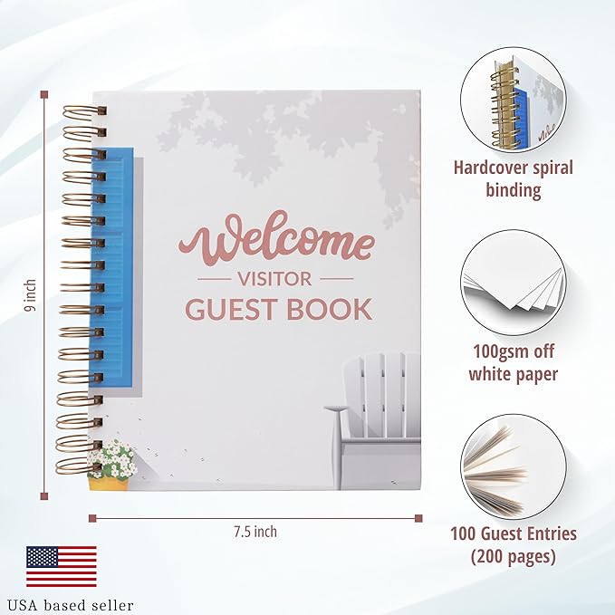 Paper 'n Such Guest Book for Rental House - Vacation Home - Short Term Rentals, Host Essentials, Spiral Hardcover Welcome Log for Airbnbs- 200 Pages (White/Blue)