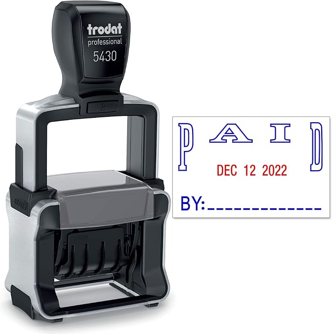 Trodat 5430 Professional Self-Inking Date Stamp with Paid - Blue/Red 2 Color Ink