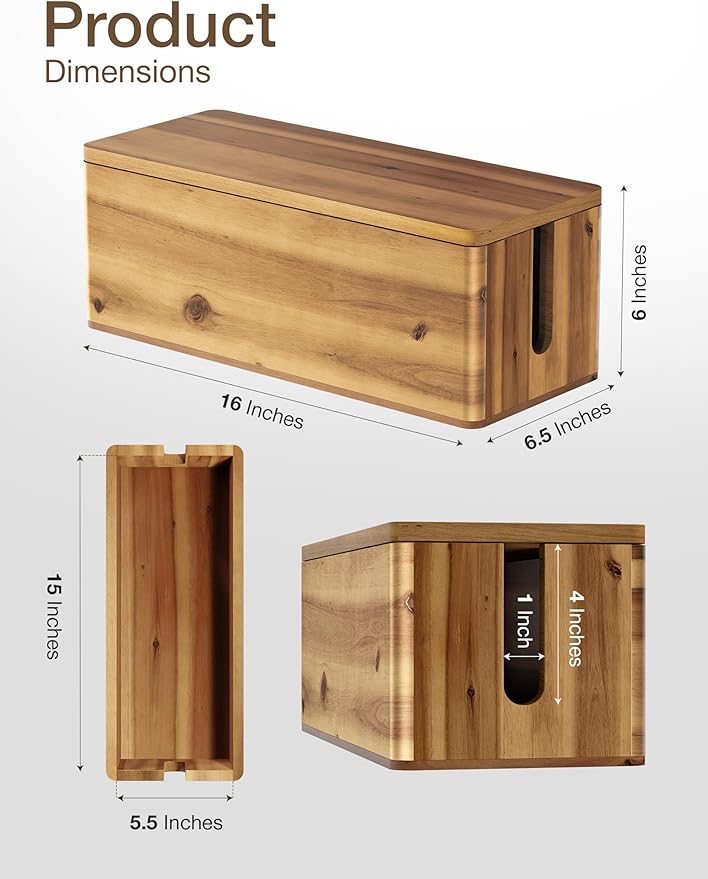 TIDITA Acacia Wood Cable Management Box Round Edge - 16" L Wooden Cable Organizer Box for Electrical Hiding Cord Management - Power Strip Hider Cable Storage Box for Office, Router Wires, Under Desk