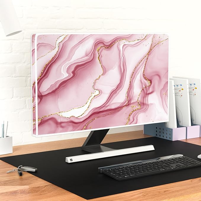 Baocicco Gold Pink Marble Waterproof Computer Monitor Dust Cover 26, 27, 28 Inch Monitor Accessories Laptop TV LCD Screen Decoration for Tablet Anti-Static Dustproof Protective for Home Office