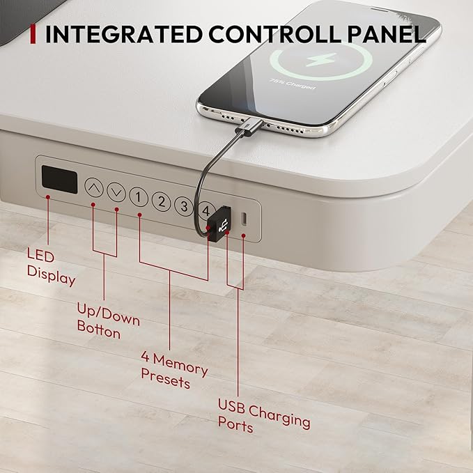 SANODESK Standing Desk with Drawer, Electric Height Adjustable Home Office Desk with Storage & USB Ports, 48 inch White Wood Tabletop/White Frame