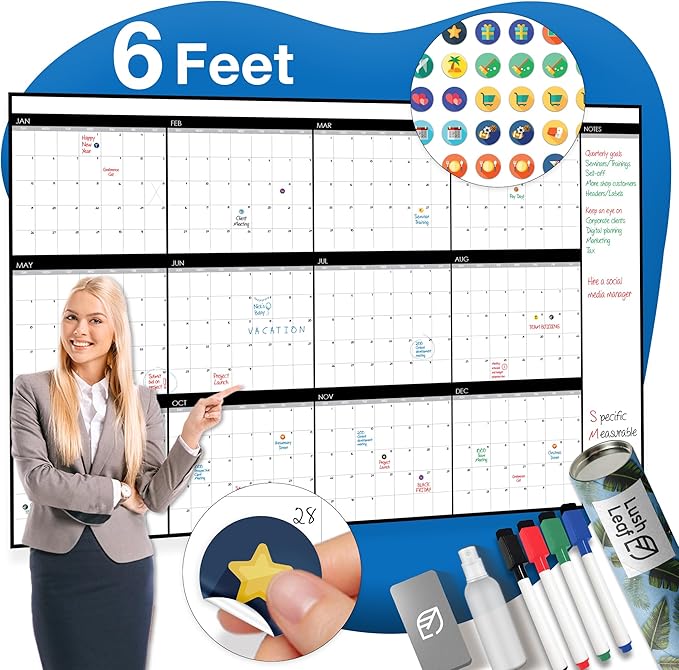 Large Dry Erase Calendar for Wall, 48" x 74" - Undated, Yearly, Reusable - Full 12 Month Year - Includes Markers, Eraser & Accessories