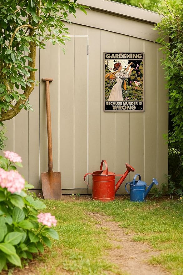 Funny Gardening Tin Sign – BECAUSE MURDER IS WRONG 12x8 Inch Vintage Metal Wall Décor for Garden, Greenhouse, Patio, Yard or Outdoor Shed (Earth tones)