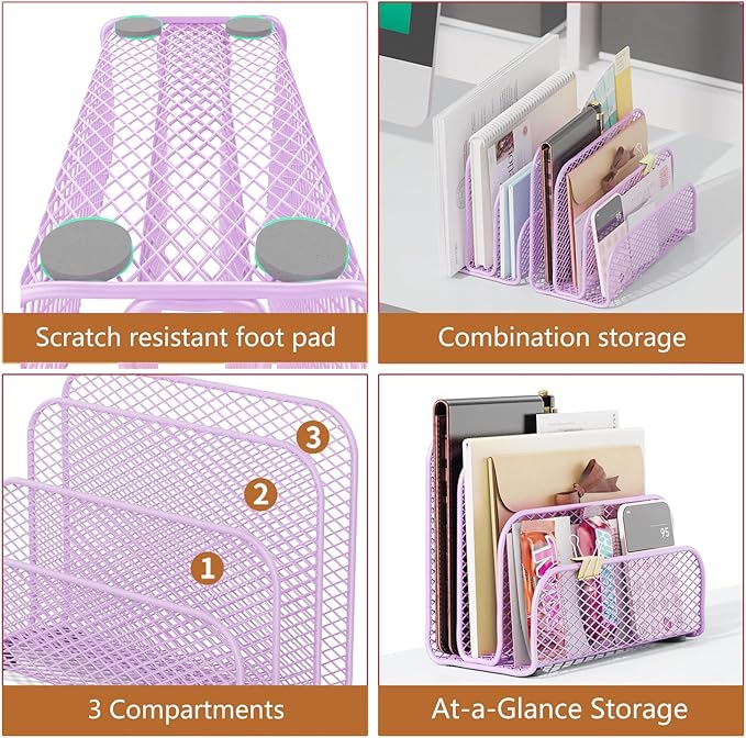 gianotter Mail Organizer Countertop, Metal File Holder with 3-Slot, Purple Desk Accessories & Workspace Organizers (Purple)