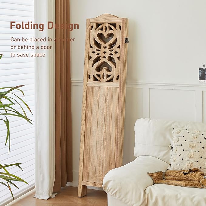 ALeesing 4 Panel Room Divider Fully Assembled, Carved Room Dividers and Folding Screens, 5.6Ft Wood Room Divider Screen Freestanding Partition Wall Dividers for Home Bedroom Office, Rustic Wood Color