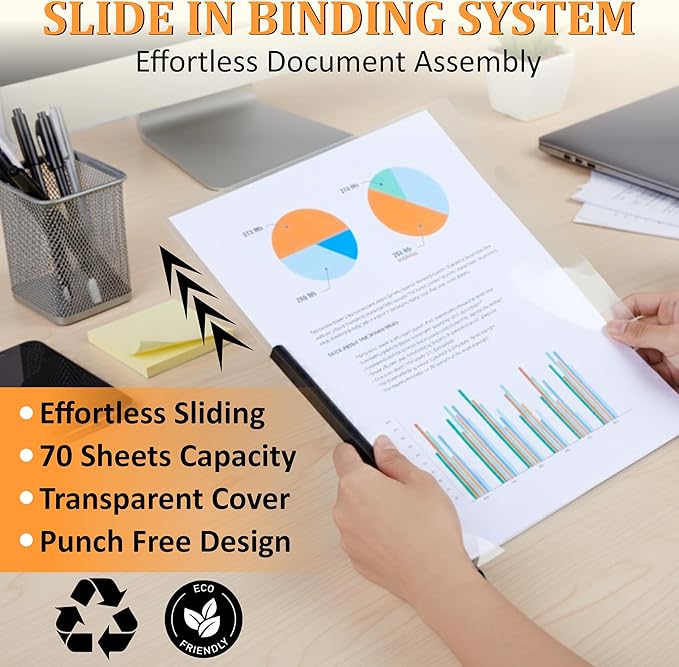 50 Pack Report Covers with Sliding Bar - Clear Plastic Presentation Folders for A4 & Letter Size Paper, 70 Sheet Capacity File Document Binder for School, Office, Resume & Business Use
