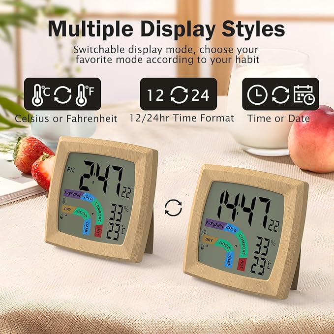 VOILEIPAGI Travel Alarm Clock Bedside Clock with Auto Backlight, Battery Powered Alarm Clock Temperature and Humidity, Second, Date, 12/24H, Wood Grained Small Clock Digital Alarm Clocks for Bedrooms