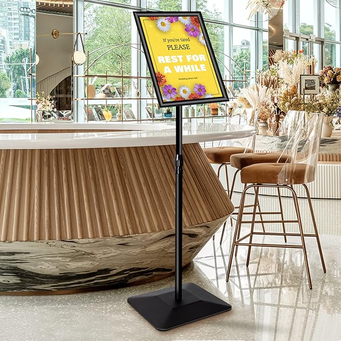VAIIGO 8.5"x11" Pedestal Poster Holder Stand with Heavy Duty Solid Steel Base, Adjustable Floor Standing Sign Holder for Vertical and Horizontal View, Super Stable Display, Black
