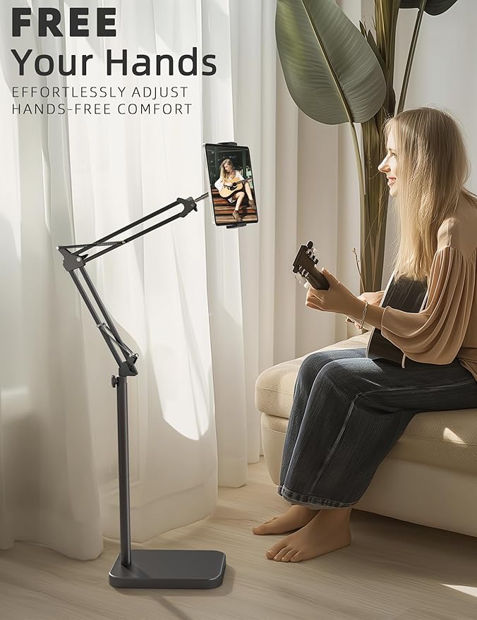 BluuSuuk Tablet Floor Stand with 11lb Stable Base - Adjustable Height Stretchable Arm Swivel Holder Mount, Compatible with iPad Pro Air Mini 12.9/9.7, Kindle, Galaxy Tab, Cell Phones (4.7''-13'')