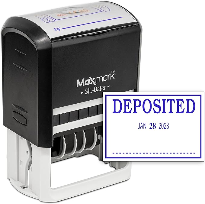 MaxMark Large Self-Inking Rubber Date Office Stamp with Deposited Phrase & Date - Blue Ink, 12-Year Band - Style 3