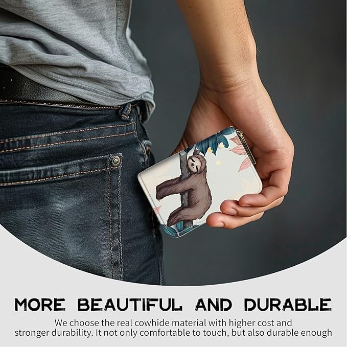 BWEGRHE Cute Credit Card Holder with Zipper, Sloth RFID-Blocking Card Case Small Wallet for Women Men, Multi-slot Card Organizer Case Travel Accordion Wallet