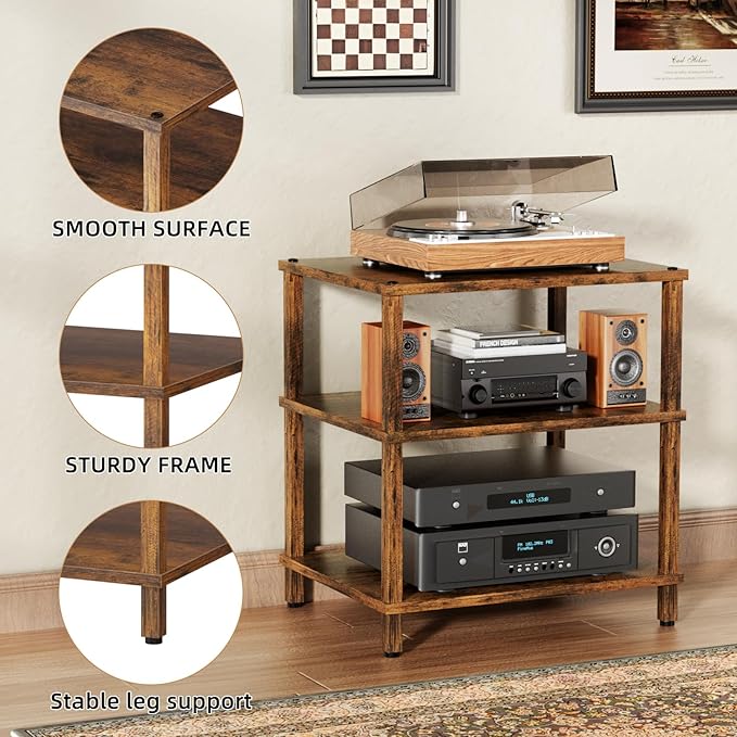 LELELINKY 3-Tier AV Media Player Stand Set of 2, Brown Stereo Cabinet, Wooden TV Stand,Game Console Shelf, Multifunctional Entertainment Center, Suitable for Home, Conference Room, Game Studio