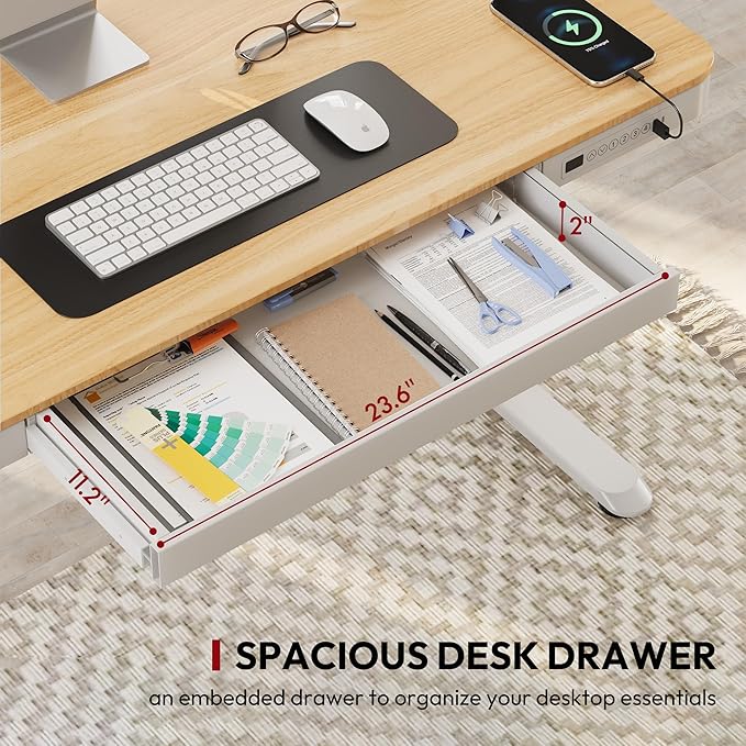 SANODESK Standing Desk with Drawer, Electric Height Adjustable Home Office Desk with Storage & USB Ports, 48 inch Maple Wood Tabletop/White Frame