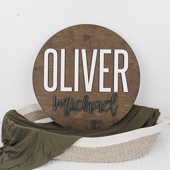 Custom Round Nursery Name Sign, Personalized Wooden Wall Plaque, 12" 18" 24", 30" 3D Wall Art for Children & Kids Rooms, Baby Shower, Hickory Hollow Designs (Oliver Michael)