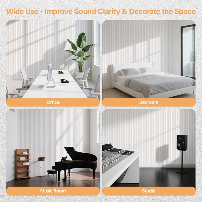 Tao.space 6 Pack Acoustic Panels 3D Wave Sound Proof Foam for Walls, 47.2"x11.8" Self-Adhesive Sound Absorbing Panels for Noise Reduction in Home Office & Studio, Decorative Wall Tiles (White)