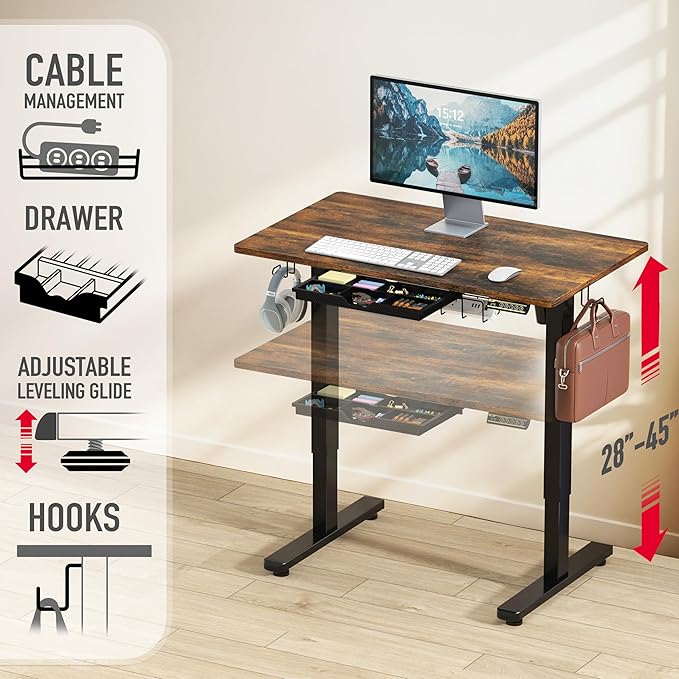 SHW 40-Inch Electric Height Adjustable Standing Desk with Drawer, Memory Preset and Cable Management Tray, Rustic Brown