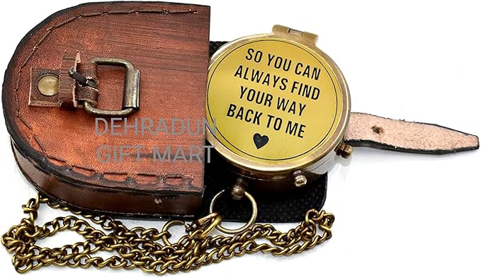 So You Can Always Find Your Way Back to Me Vintage Brass Compass with Chain & Wooden Box – Engraved Nautical Pocket Compass Inspirational Travel Keepsake Couple Gifts