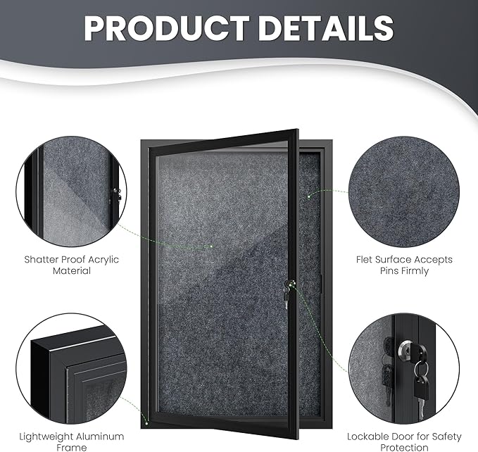 36"x24" Lockable Enclosed Bulletin Board, Outdoor Flet Weather-Resistant Aluminum Frame Notice Board, Wall Mounted Display Case Acrylic Doors for School,Office,Black Frame w/Grey Flet