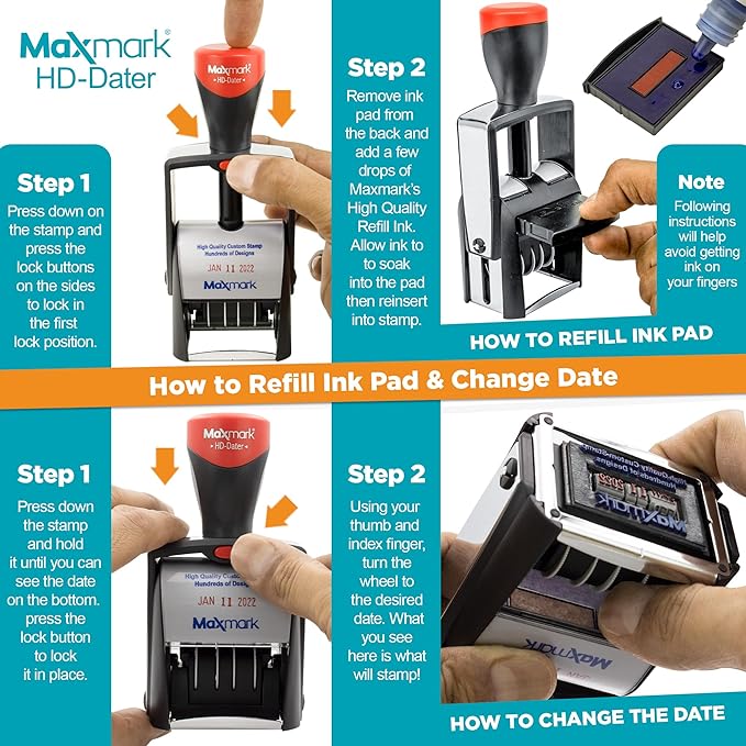 MaxMark Heavy Duty Self Inking Date Stamp with Phrase Deposited - Black Ink