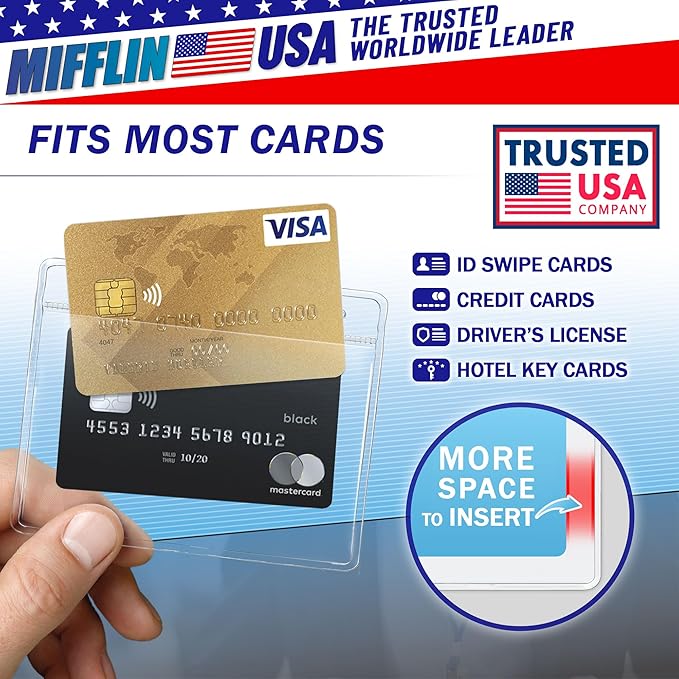 Mifflin-USA Card Protector (4x3 Inch, Clear, Bulk 100 Pack) Quick Load Horizontal No Zipper Name ID Badge Holder