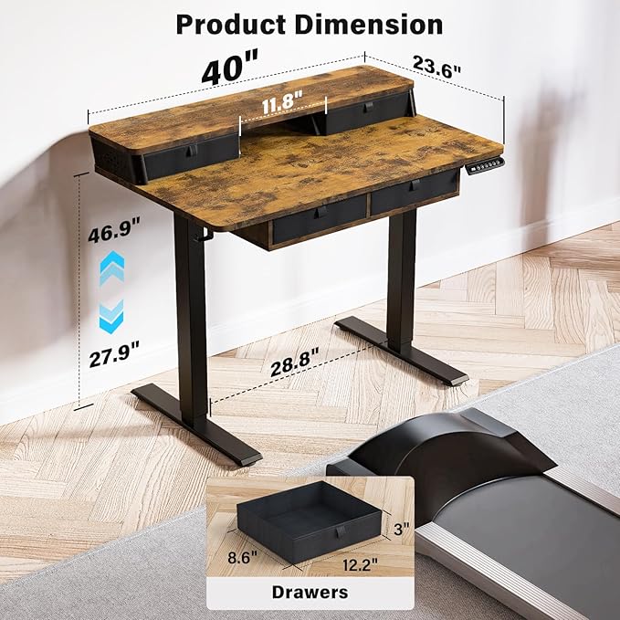 Kingant 40 x 24 Inch Electric Standing Desk with 4 Drawers, Height Adjustable Sit to Stand Computer Desk with Storage Shelf and C-Clamp Mount Compatibility for Home Office, Rustic Brown