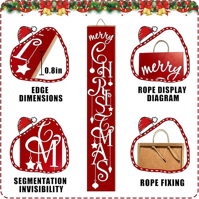 ARTUFAN Merry Christmas Red with Star porch sign Welcome for Front Door Porch Deck Patio or Wall -Indoor and Outdoor Decorative Farmhouse Rustic Vertical Porch and Yard Decor - 7.8''x47.5''