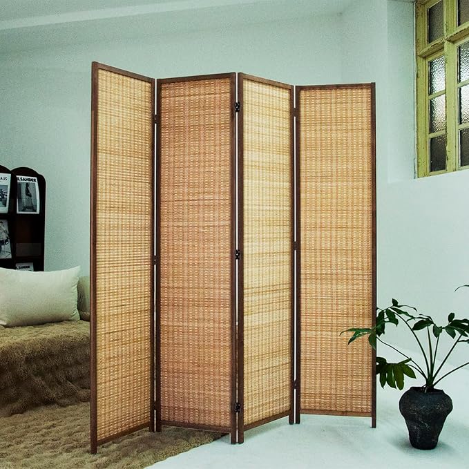 Loomveil 4 Panel Room Divider Folding Privacy Screen,67 inch Bamboo Panel Divider for Home Partition,Brown