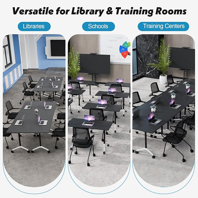 Goakwwuz Conference Room Table, Folding Conference Tables,Thicken Grey Tabletop,Flip Top Wooden Seminar Meeting Room Table for Conference Room Offices (2, Black, 70.8”)