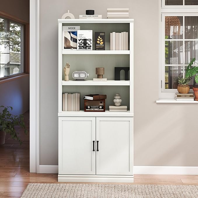 Bevfint 70 Inch Tall Bookcase with Doors, Library Office Bookshelf with Adjustable Shelves, Floor Standing Storage Cabinet for Bedroom Living Room Organizer with Anti Tipping Kit, Soft White Finish
