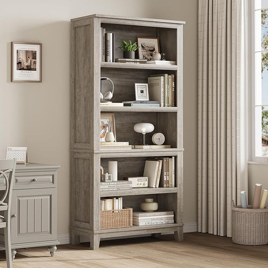 IDEALHOUSE 71" Farmhouse Bookshelf w/Adjustable Shelves & 31.5 in Whidth, 5 Tier Tall Bookshelf with Wooden Legs, Vintage Wooedn Book Shelf for Living Room Office (Gray, 71.3" H x 31.5" W x 11.8" D)